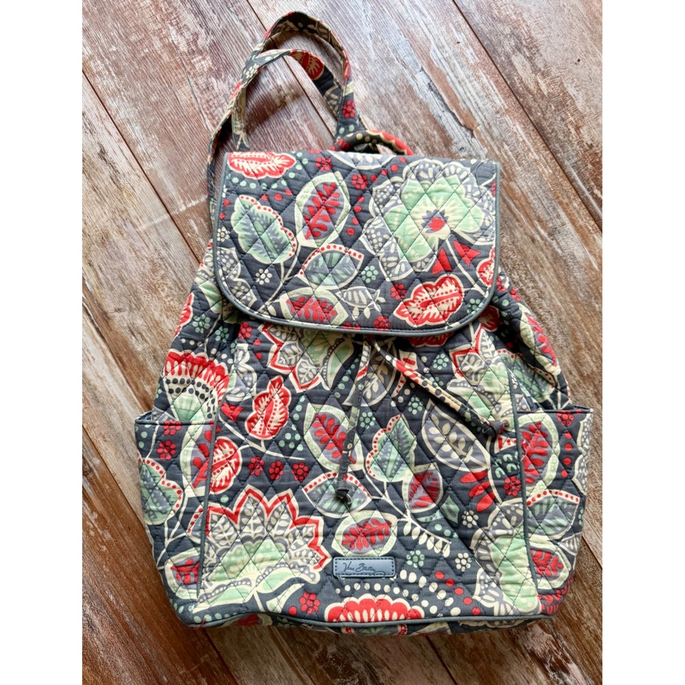 Vera Bradley Nomadic Floral Backpack Retired Quilted Drawstring Flap Gray Red